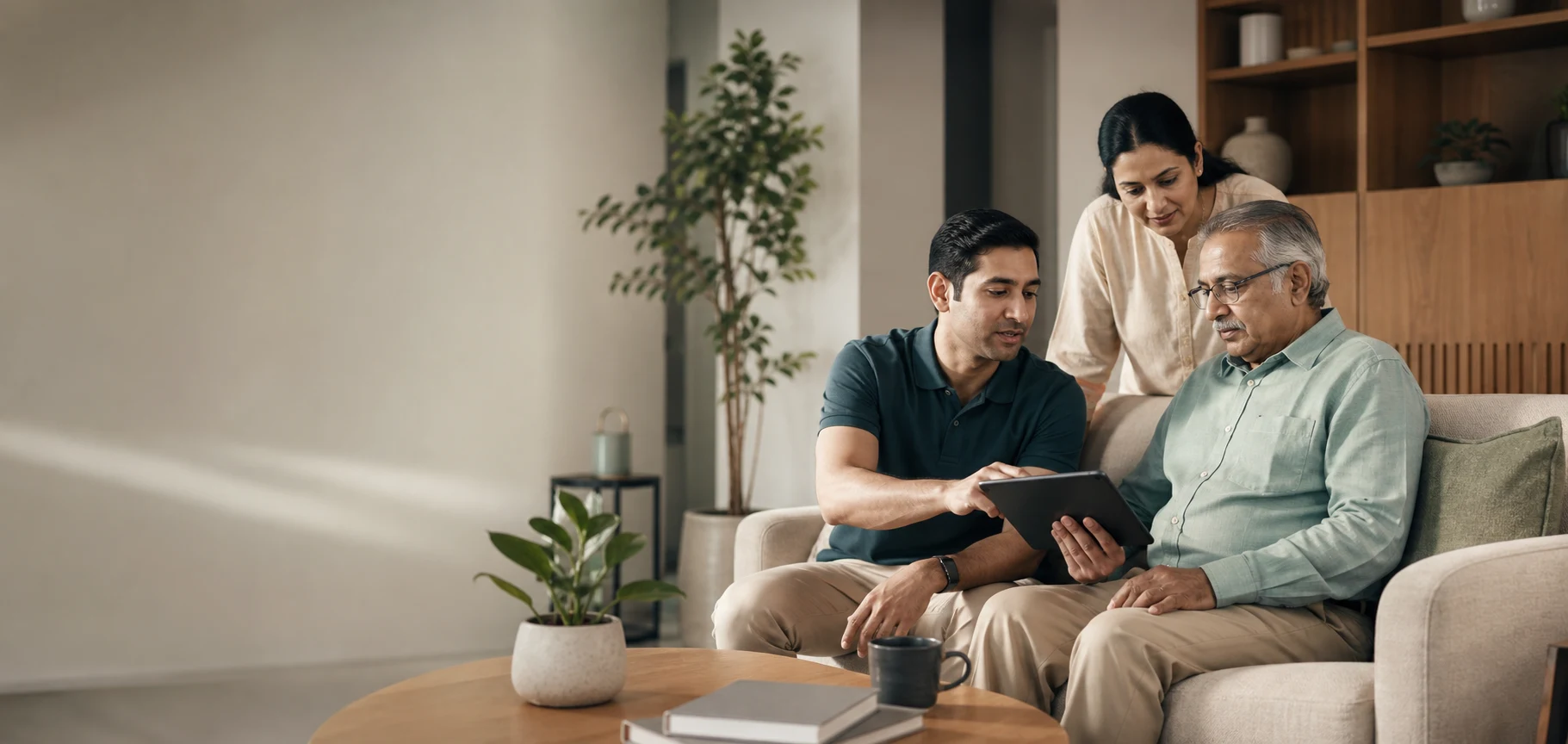 An illustrative family conversation around a tablet