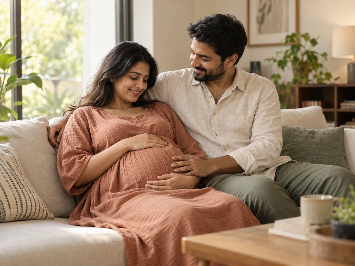 Illustrative image of a woman and her partner preparing for parenthood